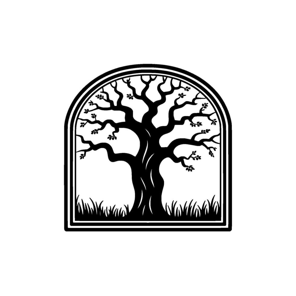 A stylized silhouette of a mature gnarled oak tree with dense branches and small leaves set within a decorative arched frame above a patch of grass vector