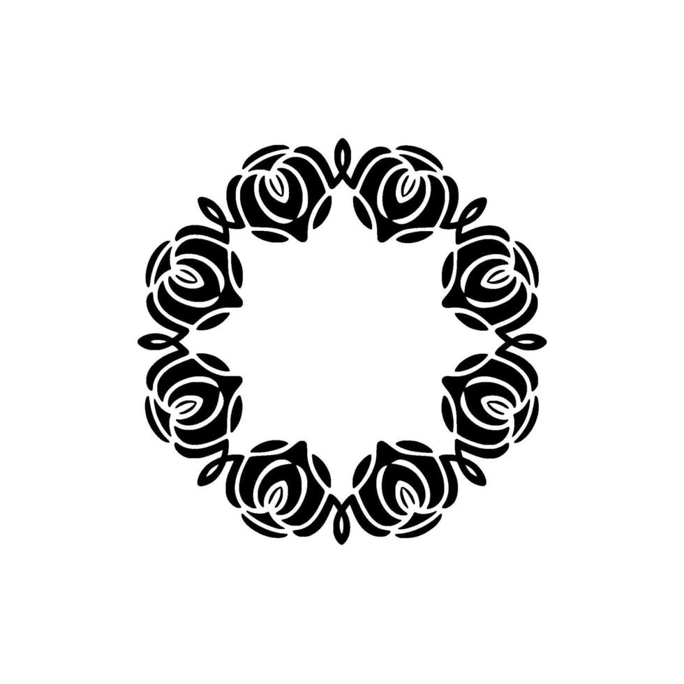 A meticulously designed silhouette frame composed of stylized rose motifs arranged in a circular pattern vector