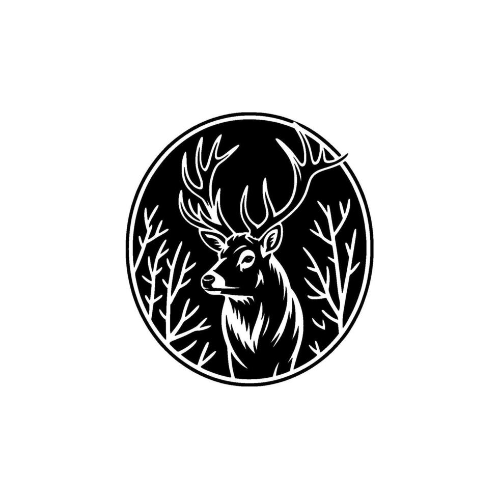 A striking stylized illustration of a majestic stag with large antlers looking to the left framed within a circular emblem with abstract tree branches in the background isolated vector