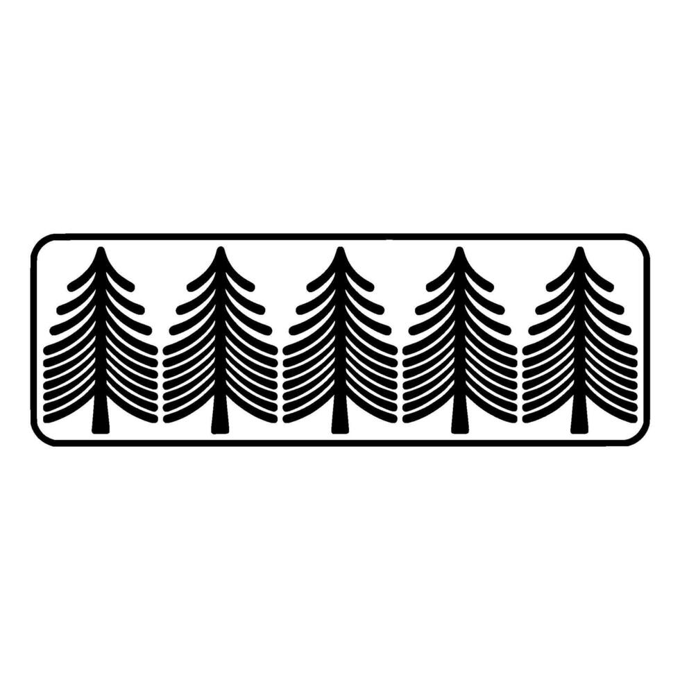 A stylized row of five identical coniferous trees with distinct branches and trunks arranged horizontally within a rounded border vector