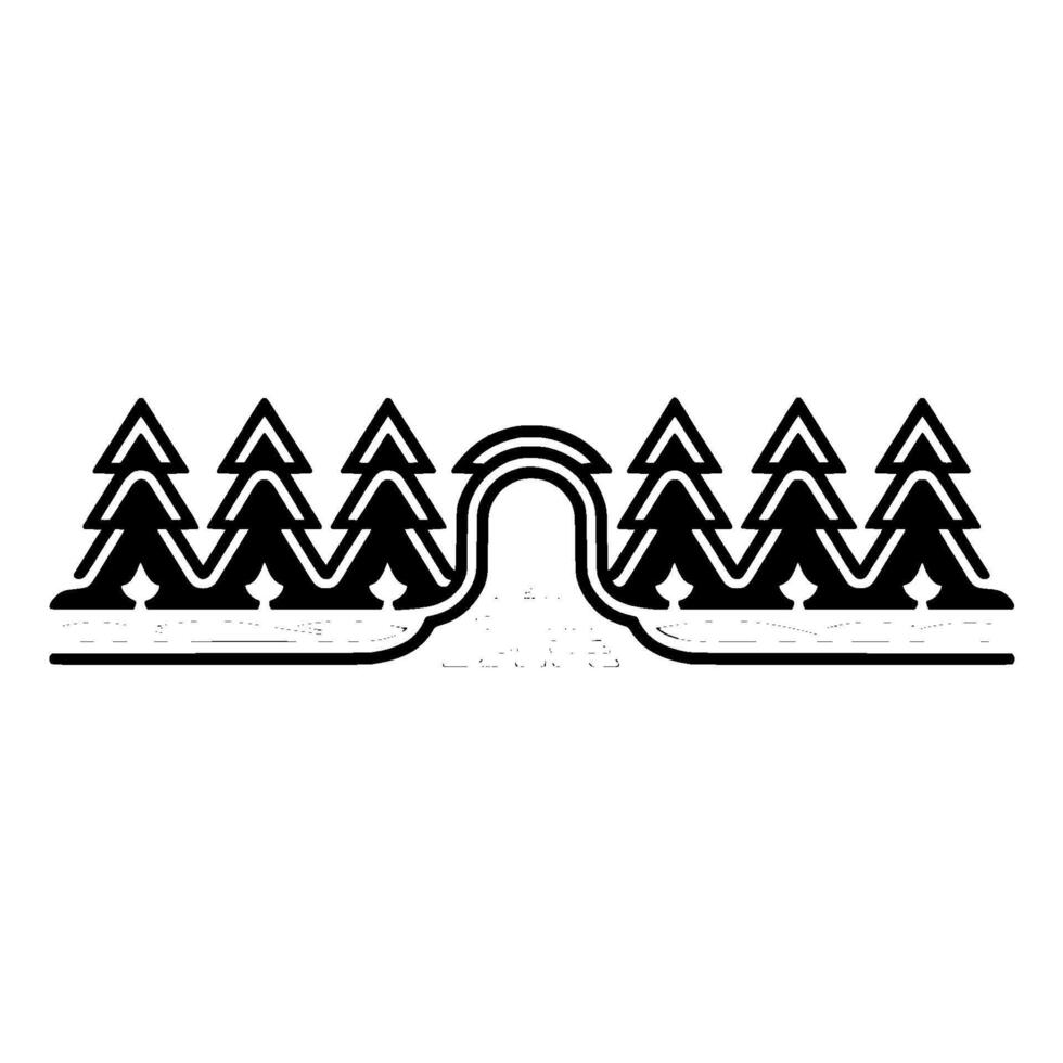 Stylized of a symmetrical winter landscape featuring an arched gateway leading to a patterned pathway surrounded by stylized evergreen trees and subtle snow drifts vector