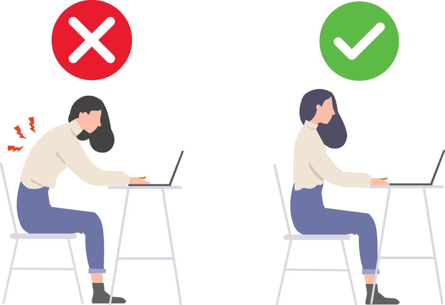 un comparación de apropiado y incorrecto posturas para individuos utilizando un ordenador portátil computadora a un escritorio. vector