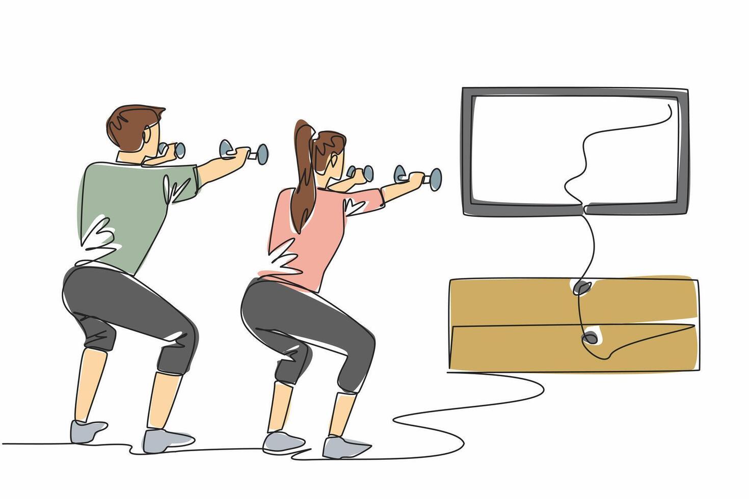 Single continuous line drawing young couple doing exercise at home using dumbbells. Online classes. Keep exercising even at home. Work out. National Exercise Day. One line design illustration vector