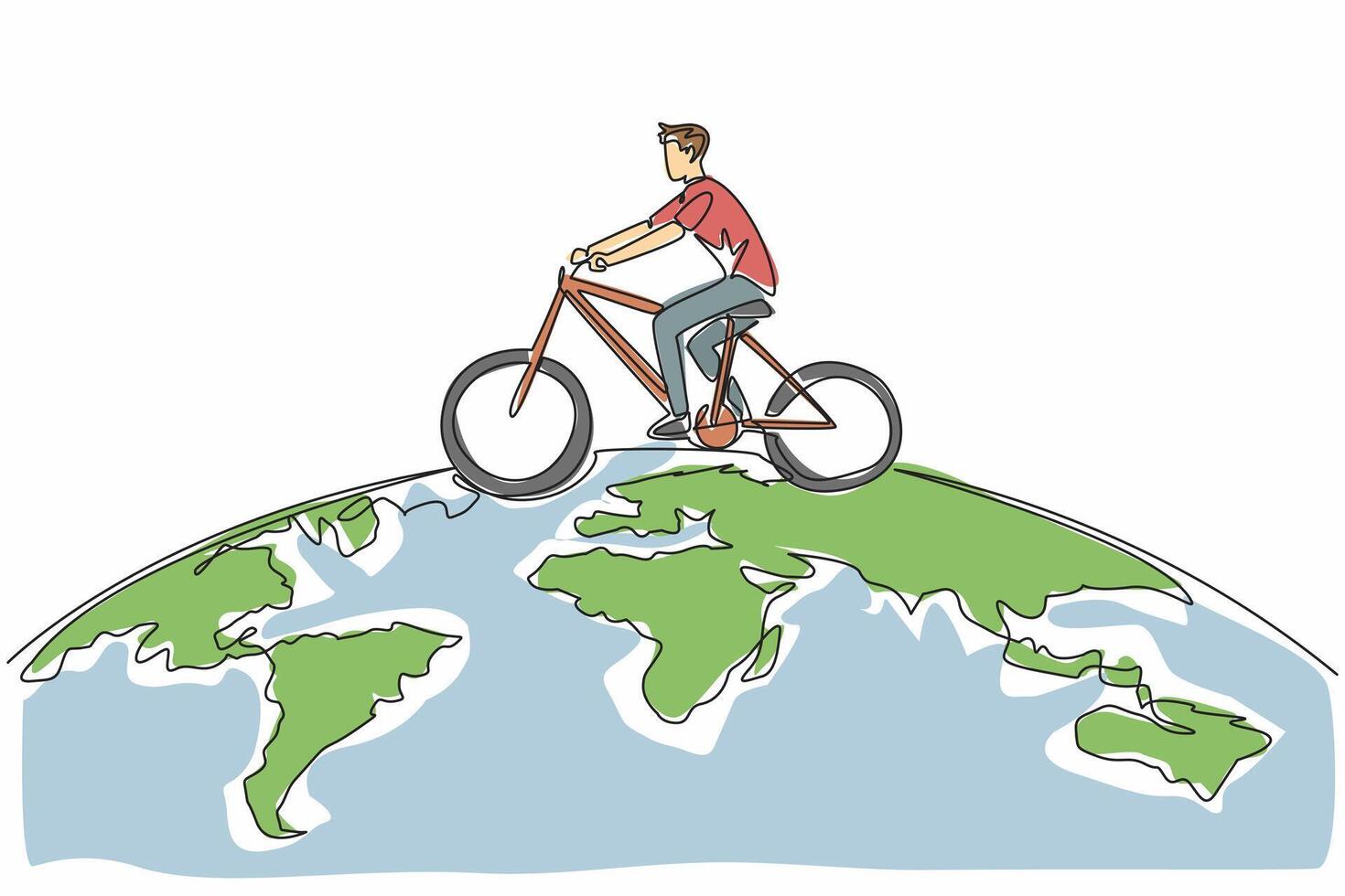 Continuous one line drawing a man riding a bicycle on a semicircular world map. A campaign. Protecting nature by not causing pollution. Iconic. Bicycle Day. Single line draw illustration vector