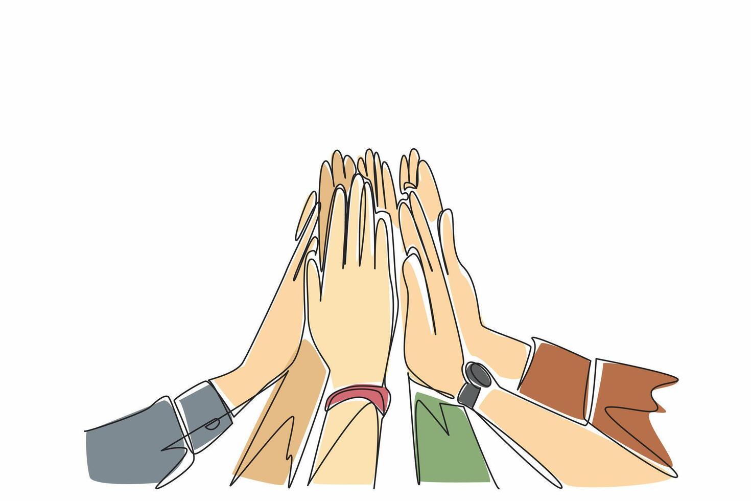 Single continuous line drawing some hands doing high five. Solid teamwork. Supporting each other. Encouraging. Symbol of shared victory. National High Five Day. One line design illustration vector