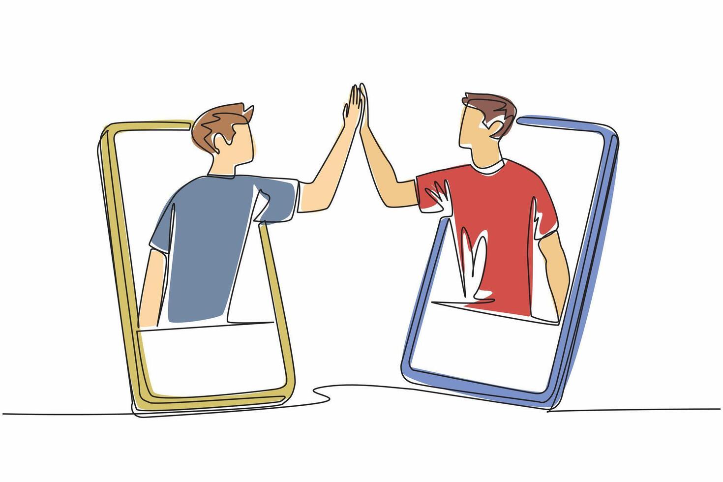 Single continuous line drawing two men with their bodies partially sticking out of smartphones then high-fiving. The goodness of technology. National High Five Day. One line design illustration vector