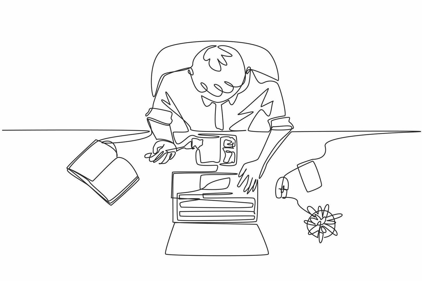 Single continuous line drawing businessman eating at his desk. Super busy in the morning. Work and breakfast at the same time. Hectic. Multitasking. Deskfast Day. One line design illustration vector