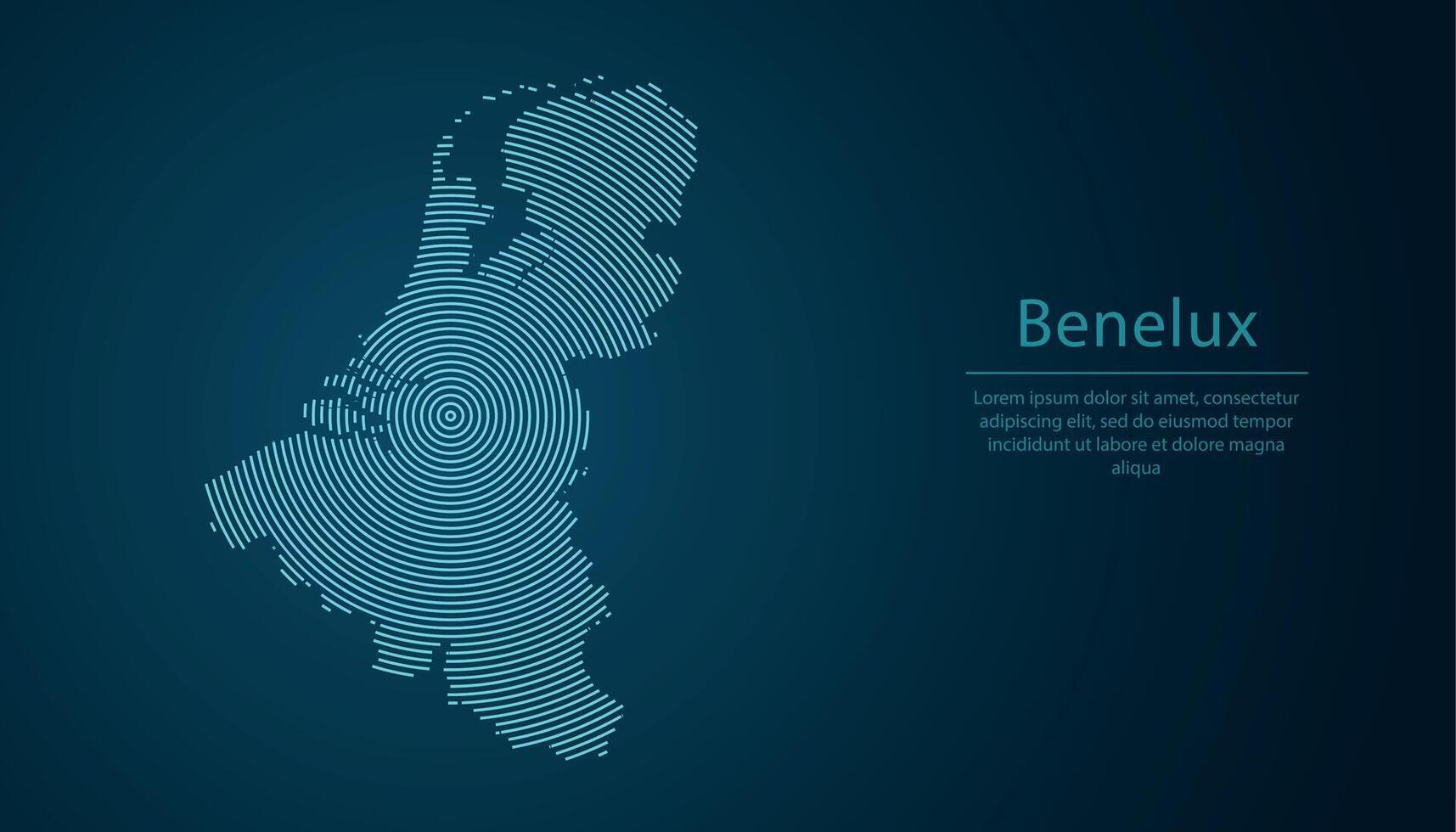 Benelux region map formed with glowing concentric digital lines vector