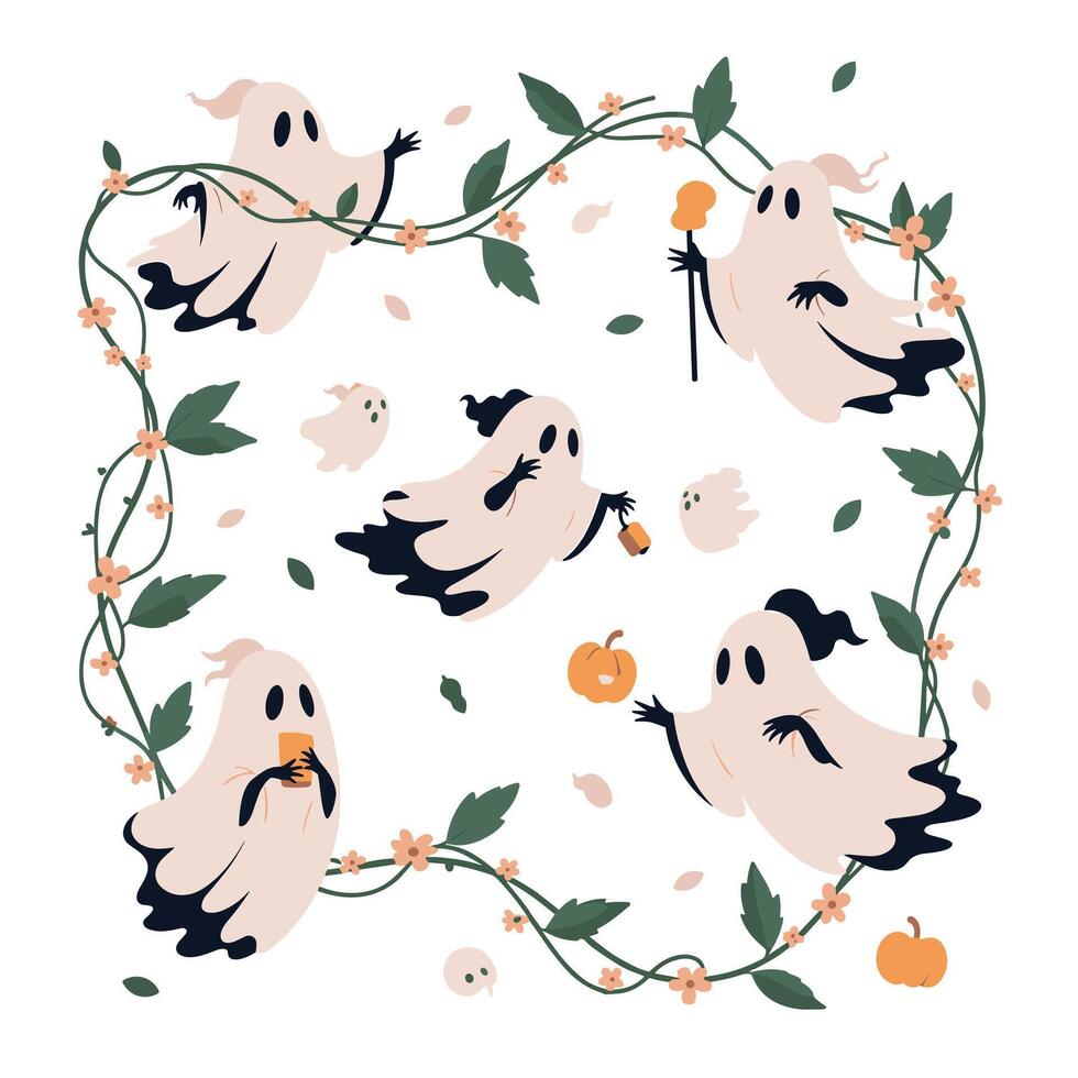 Adorable Halloween scene with several cute, friendly ghosts floating inside a square frame made of green vines and small flowers. vector