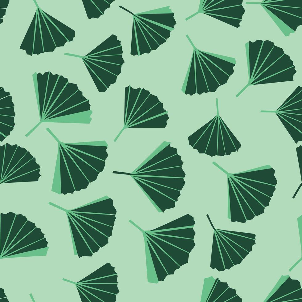 Seamless pattern of green ginkgo biloba leaves on a light green background, creating a refreshing and modern botanical design with a two-tone shadow effect. vector