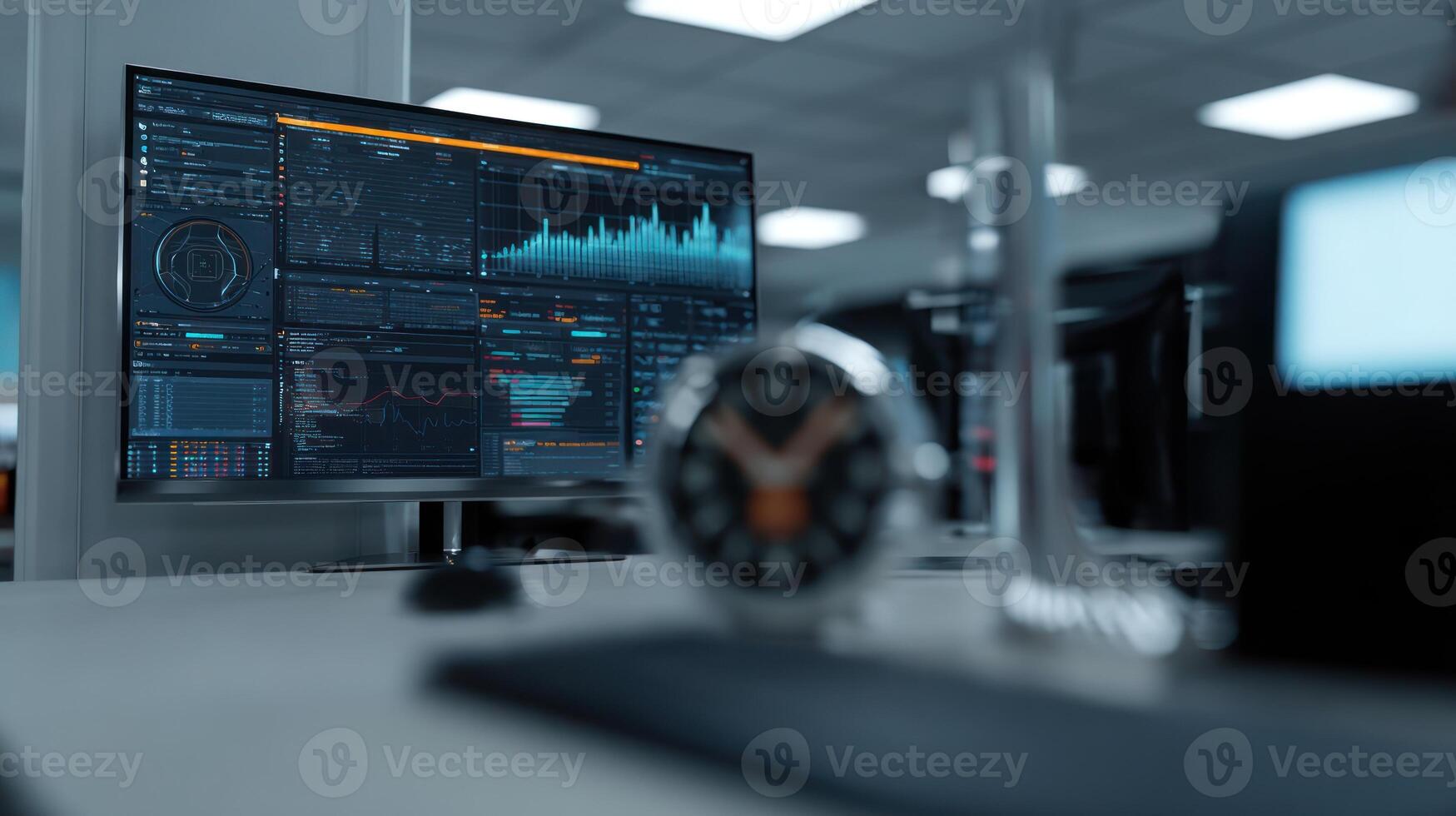Advanced Data Analytics Dashboard on Computer Monitor with Blurry Watch - Tech Finance, time photo