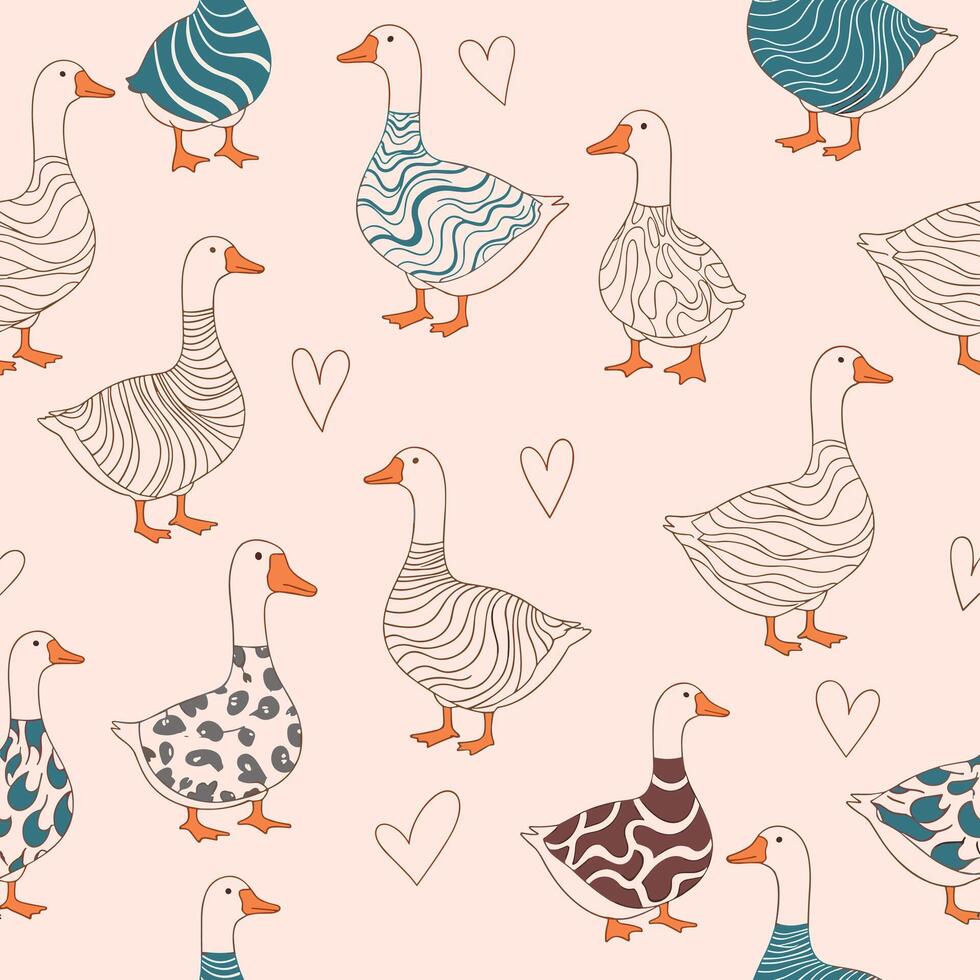 Seamless pattern of stylized geese with various abstract patterns on their bodies, set on a light pink background. This charming and artistic design is perfect for textiles or wrapping paper. vector