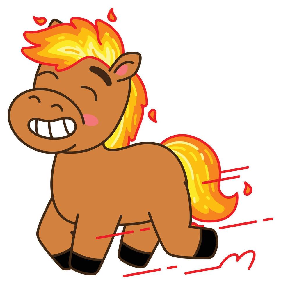 A charming cartoon horse with a fiery mane and tail is depicted running with speed lines and a joyful expression. Chinese New Year, Year of the Fire Horse Retro Mascot Clip Art Illustration. vector