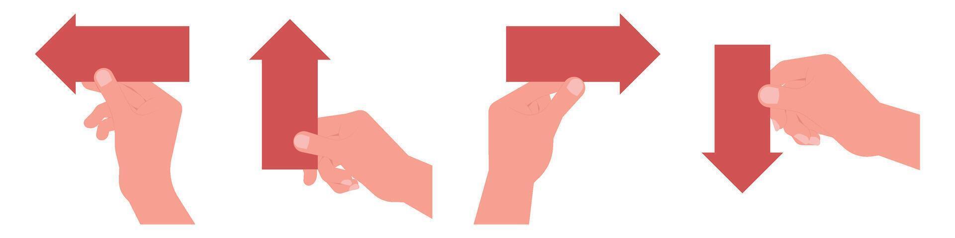 Hands holding directional red arrow signs pointing left, up, right, and down. instruction, navigation, and work flow set illustration vector