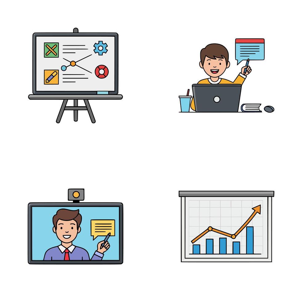 Flat style icons of e-learning, education strategy, data analysis, and virtual communication using modern technology vector