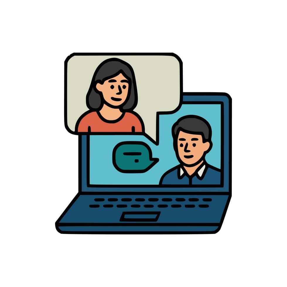 conferencing illustration showing digital conversation between two users with minimal line art and bold colors vector