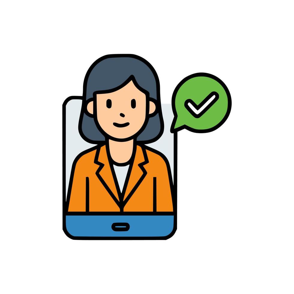 Verified user icon showing businesswoman on mobile phone for authentication, profile approval, or virtual communication app vector