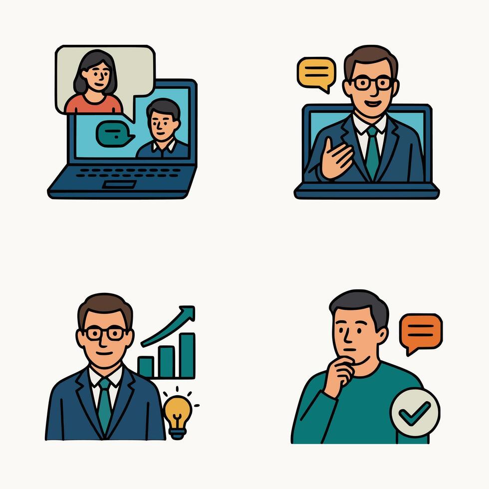 Cartoon flat illustrations of professionals working remotely, analyzing data, making decisions, and participating in calls vector
