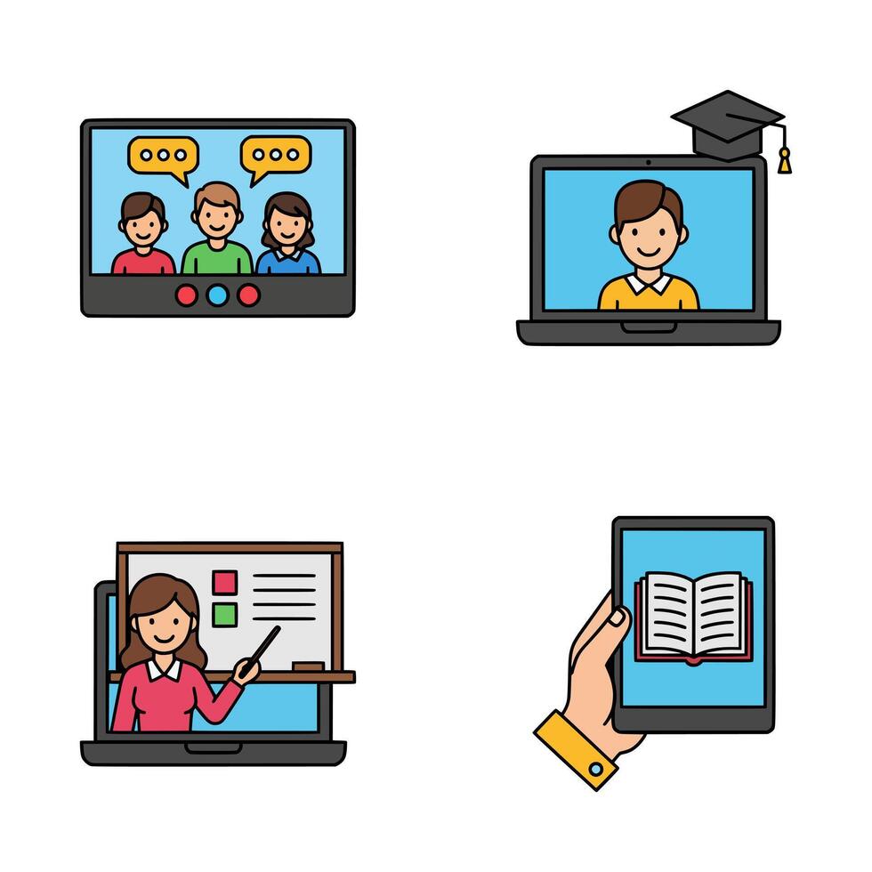 People attending online classes, digital tutoring sessions, and studying educational content using laptops and tablets vector