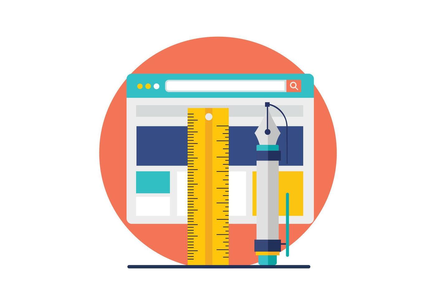 Flat design icon representing web design and development process with a browser window, ruler, and design tool for layout measurement and creation vector