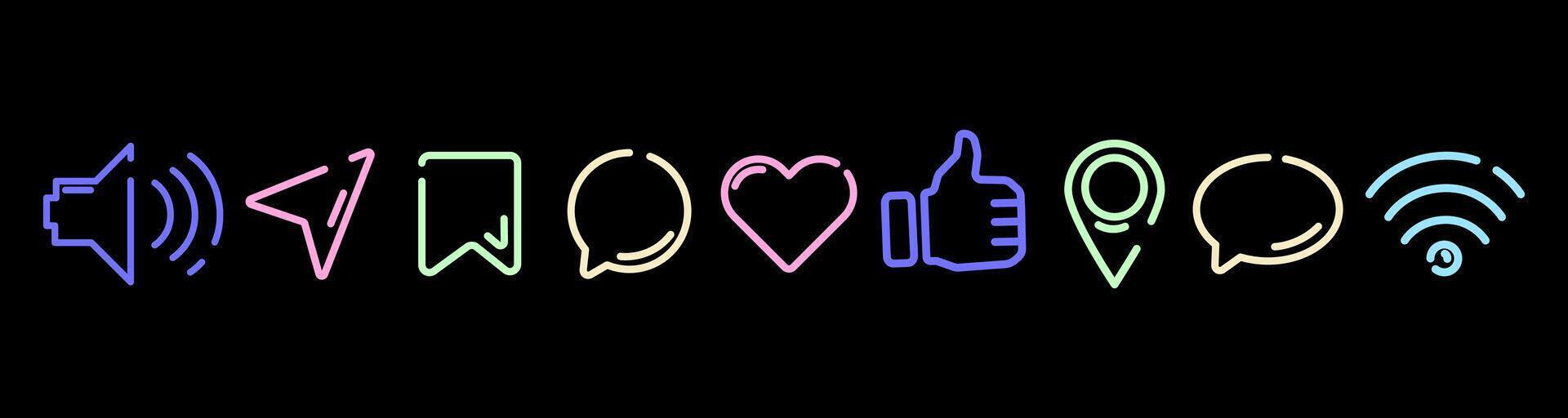 Social media and communication neon line icons, like, heart, chat, location, share, and Wi-Fi symbols on a black, for mobile apps, websites, digital interfaces, UI design, marketing content. vector