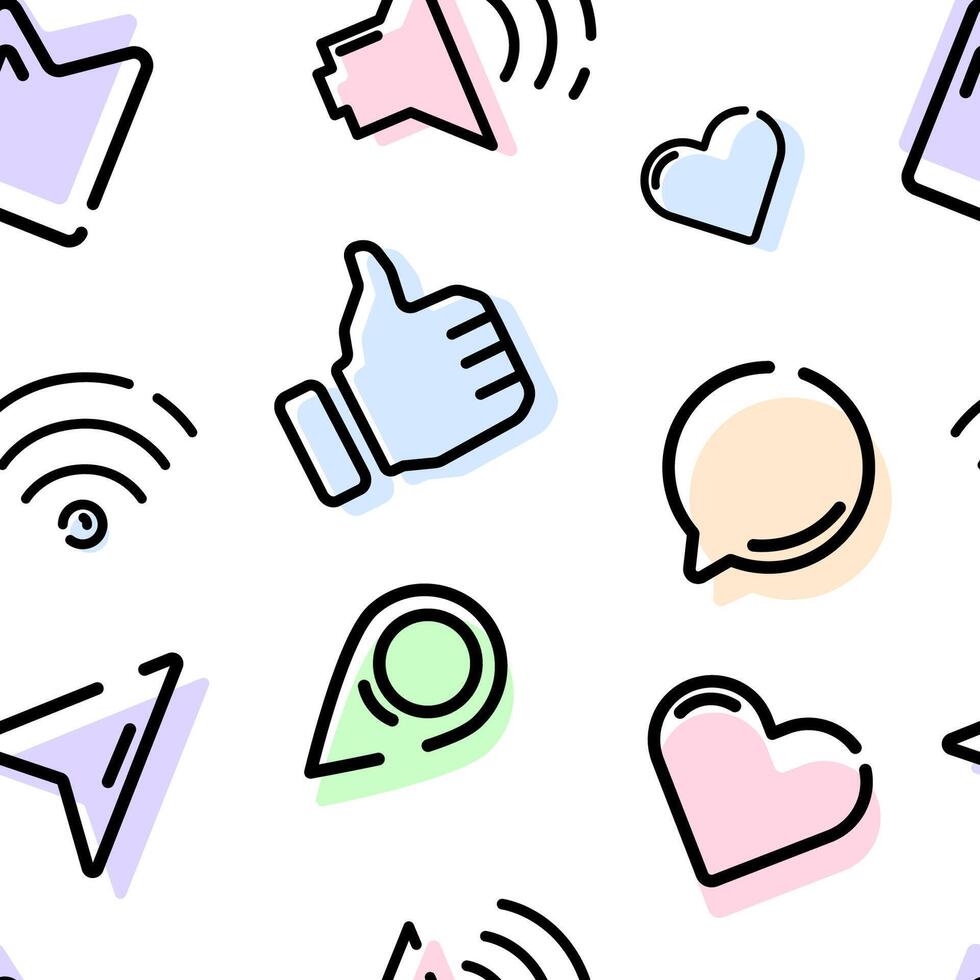 Seamless pattern with outlined UI and social media icons, ideal for digital design, tech backgrounds, apps, websites, and branding projects. illustration vector