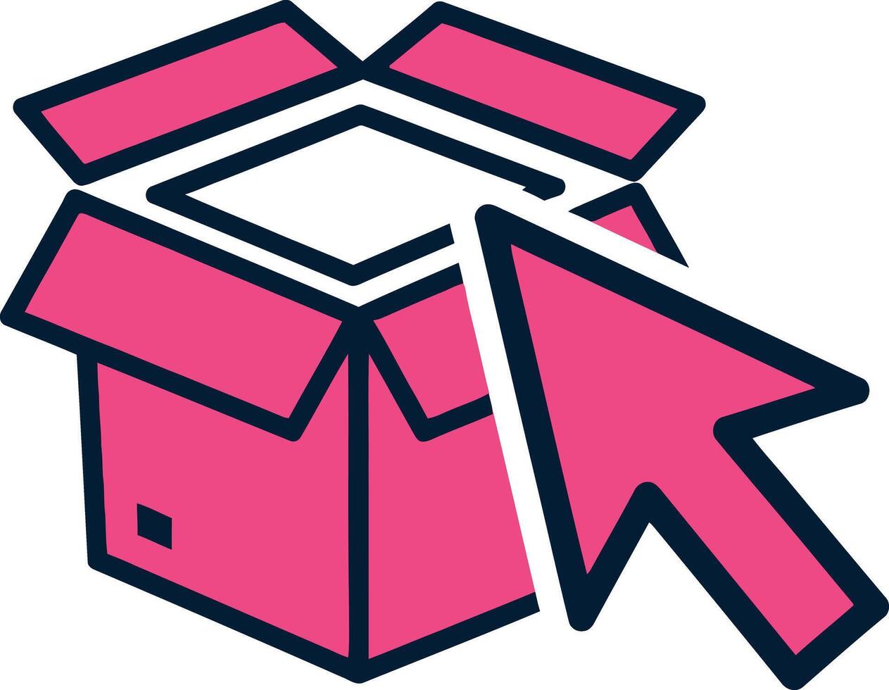 rosado cursor señalando a un abierto caja simbolizando en línea compras y entrega Servicio vector