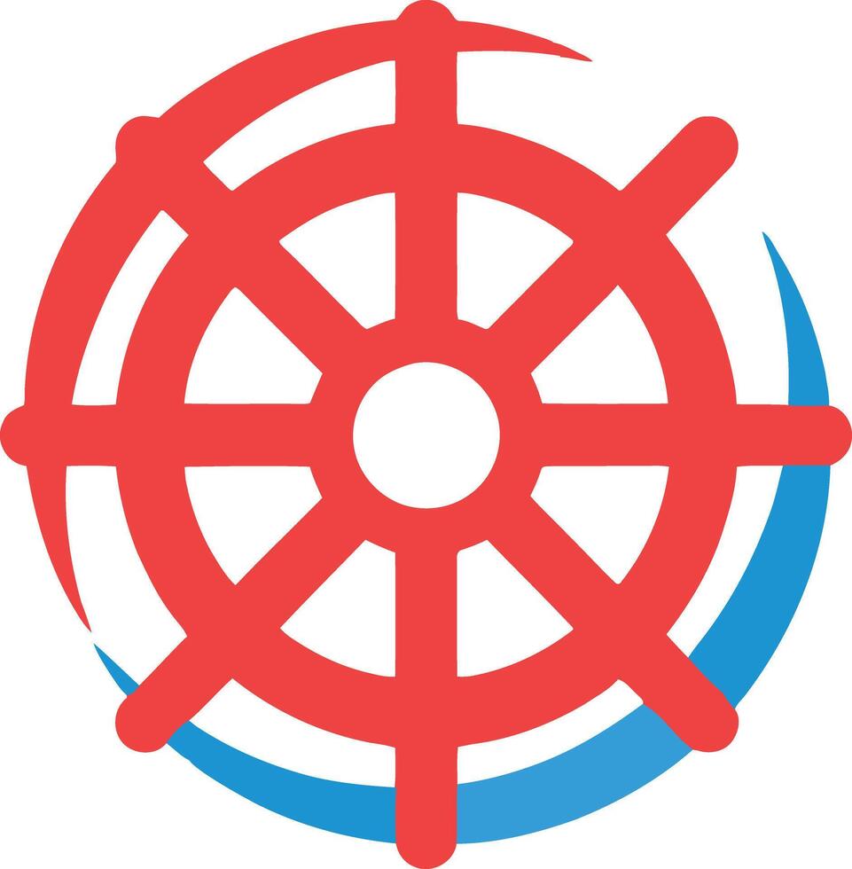 Red ship wheel navigating through blue waves symbolizing guidance and control at sea vector
