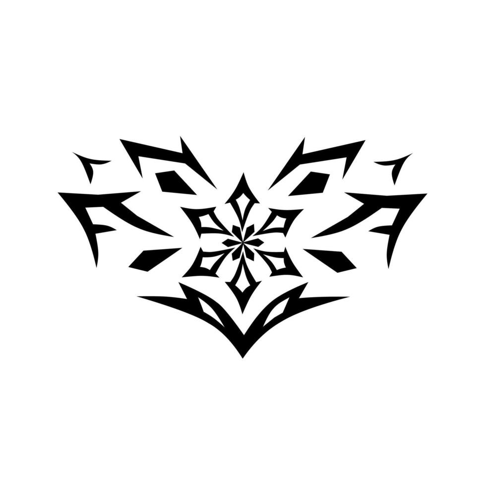 Symmetrical black icon combining a sharp tribal style with a central snowflake or mandala shape. Represents cold, magic, ornament, and abstract design. vector