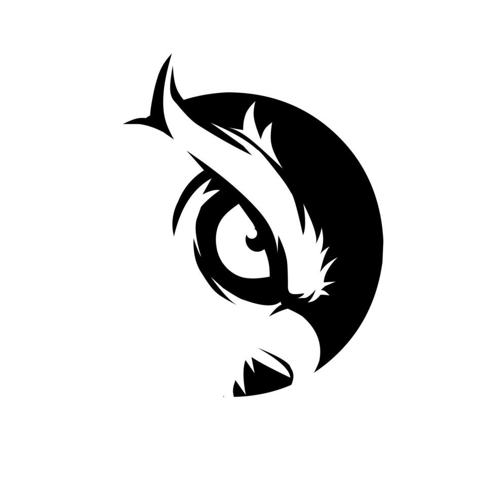 An aggressive and intense close-up silhouette of an owl's face, featuring a sharp eye and beak within a circular design. Represents fierce focus, predatory power, and midnight. vector