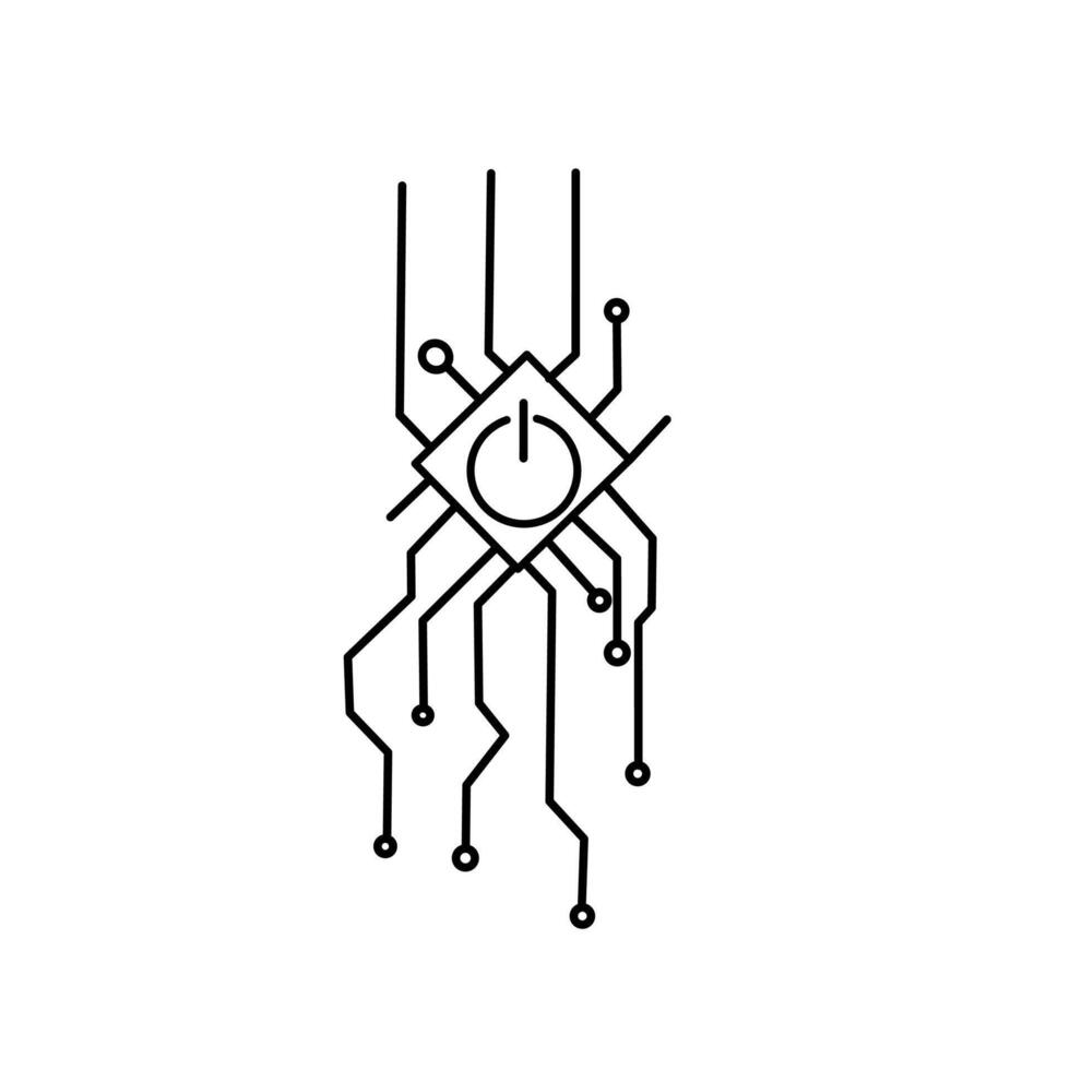 A minimalist line art design of a microchip or CPU with an integrated power button symbol. Represents technology, computing, startup, energy, and digital connection. vector