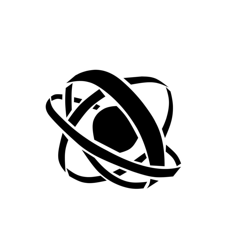 A dynamic, stylized black silhouette of an atom model, featuring interwoven, orbiting paths that create a sense of movement, complexity, and interconnected science. vector