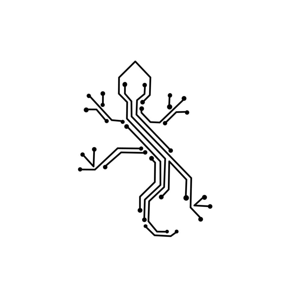 A sleek, black and white line art image of a lizard crafted from electronic circuit board traces and dots, symbolizing technology, nature, and digital adaptability. vector