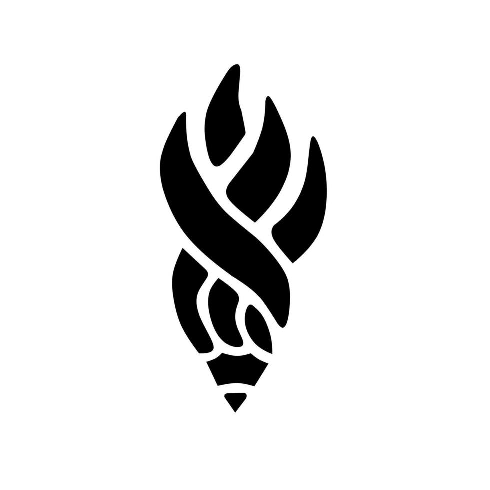 A dynamic and stylized logo combining a pencil and a flame or leaf-like element, representing creative passion, powerful learning, illumination, and the burning spirit of knowledge. vector