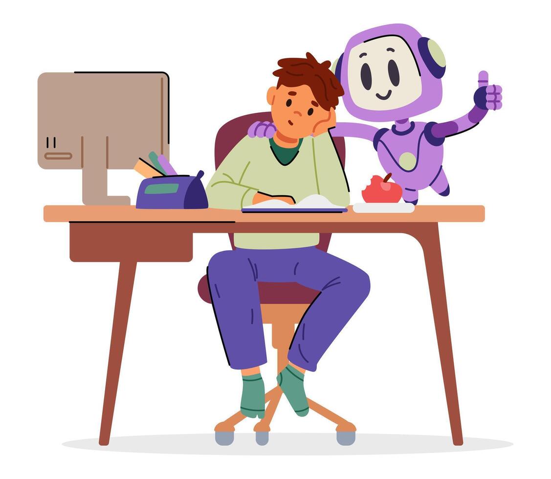 Artificial intelligence robot character helping boy with education showing thumbs up vector