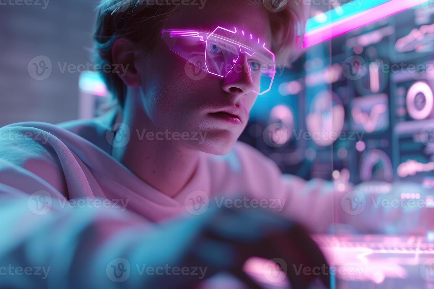 In a high-tech office, a focused individual uses futuristic glasses while interacting with vibrant, illuminating screens displaying complex data and graphics photo