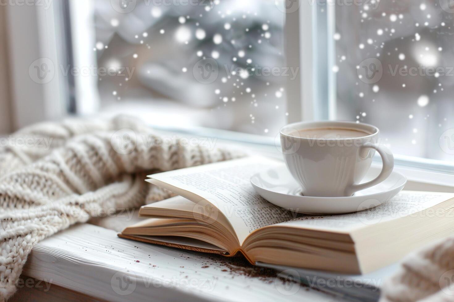A cup of warm tea sits on a small plate next to an open book on a window sill. Snowflakes fall softly outside, adding a peaceful winter scene to the cozy setting photo