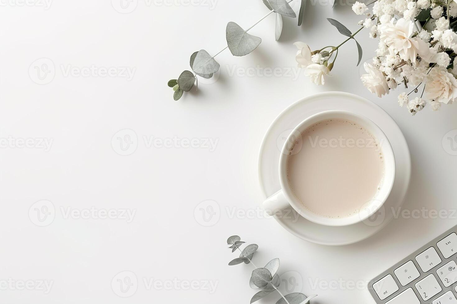 A top view of a simple white desk scene features the upper half of a keyboard. A cup of coffee sits beside a small bouquet of flowers and greenery, creating a calm atmosphere photo