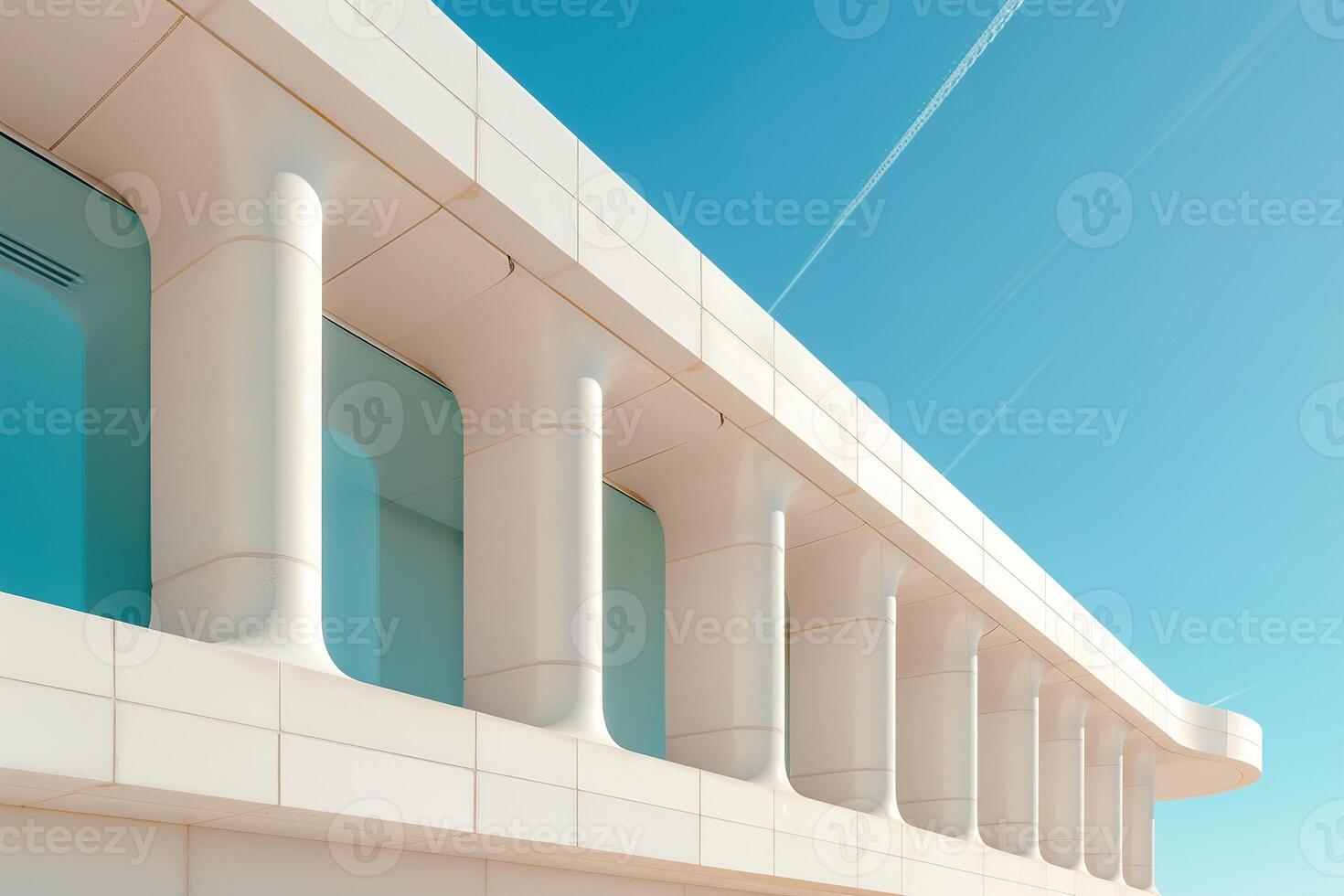 A striking architectural facade displays smooth curves and repeating lines, set against a clear blue sky. The design emphasizes modern aesthetics and innovative structure photo
