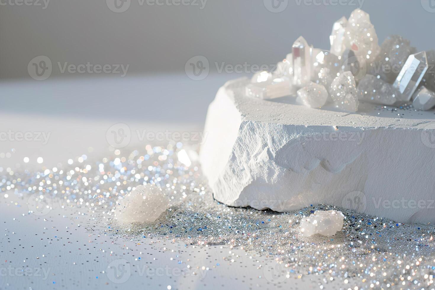 A beautiful arrangement features a cascade of glitter flowing over a plain white surface, complemented by sparkling crystals creating an artistic and captivating visual scene photo