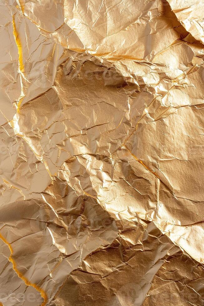 This background showcases an intricate foil texture with large creases and a gentle gradient in shades of gold. The surface reflects light, adding depth and elegance photo