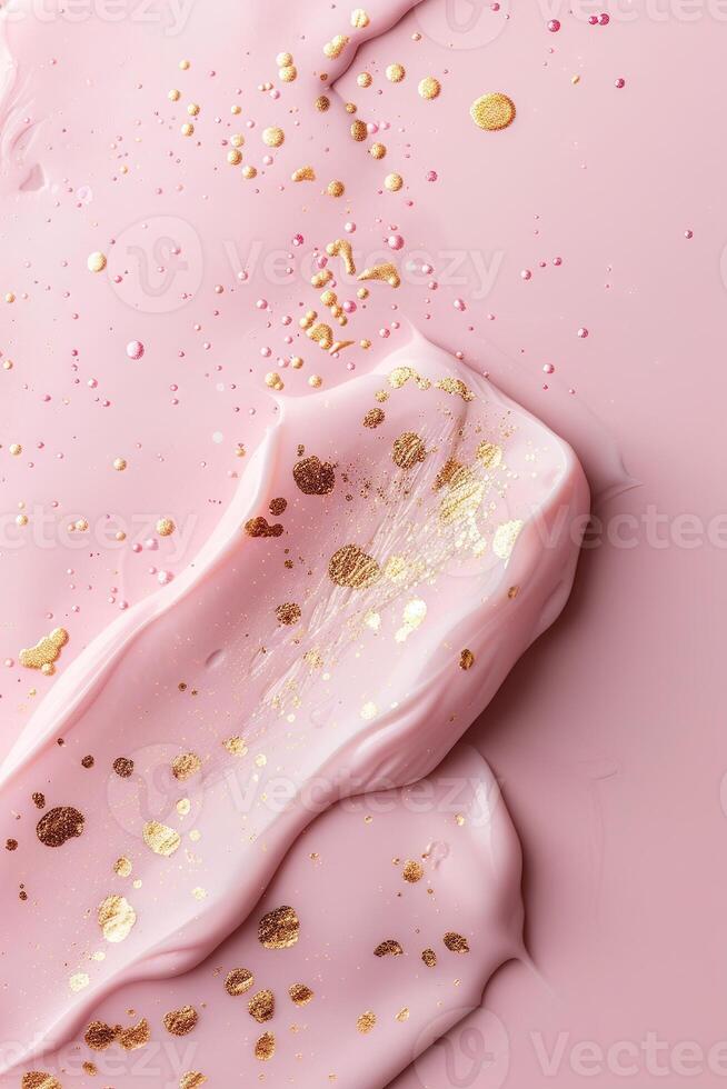 This scene features a soft pink background adorned with delicate gold dots. The smooth texture of the pink paint swirls gracefully, creating an artistic and calming effect photo