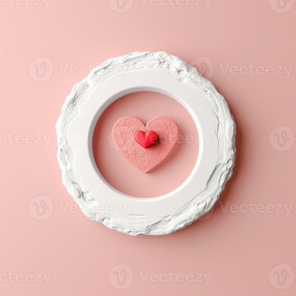 Decorative arrangement on a soft peach background shows a simple white circular frame enclosing a textured peach heart with a smaller red heart at its center, creating a charming visual photo