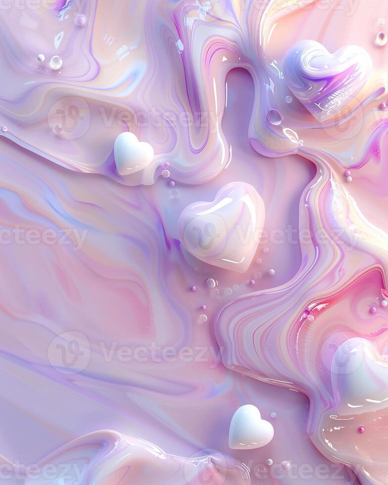 Soft colors of lavender and blush blend together, creating an abstract background. White heart-shaped blobs float amid the smooth, flowing patterns, evoking a serene atmosphere photo