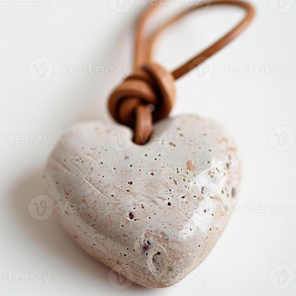 This unique heart pendant showcases a smooth, natural material with a distinctive texture. It is attached to a leather cord for a stylish look, ideal for personal use or gifting to photo