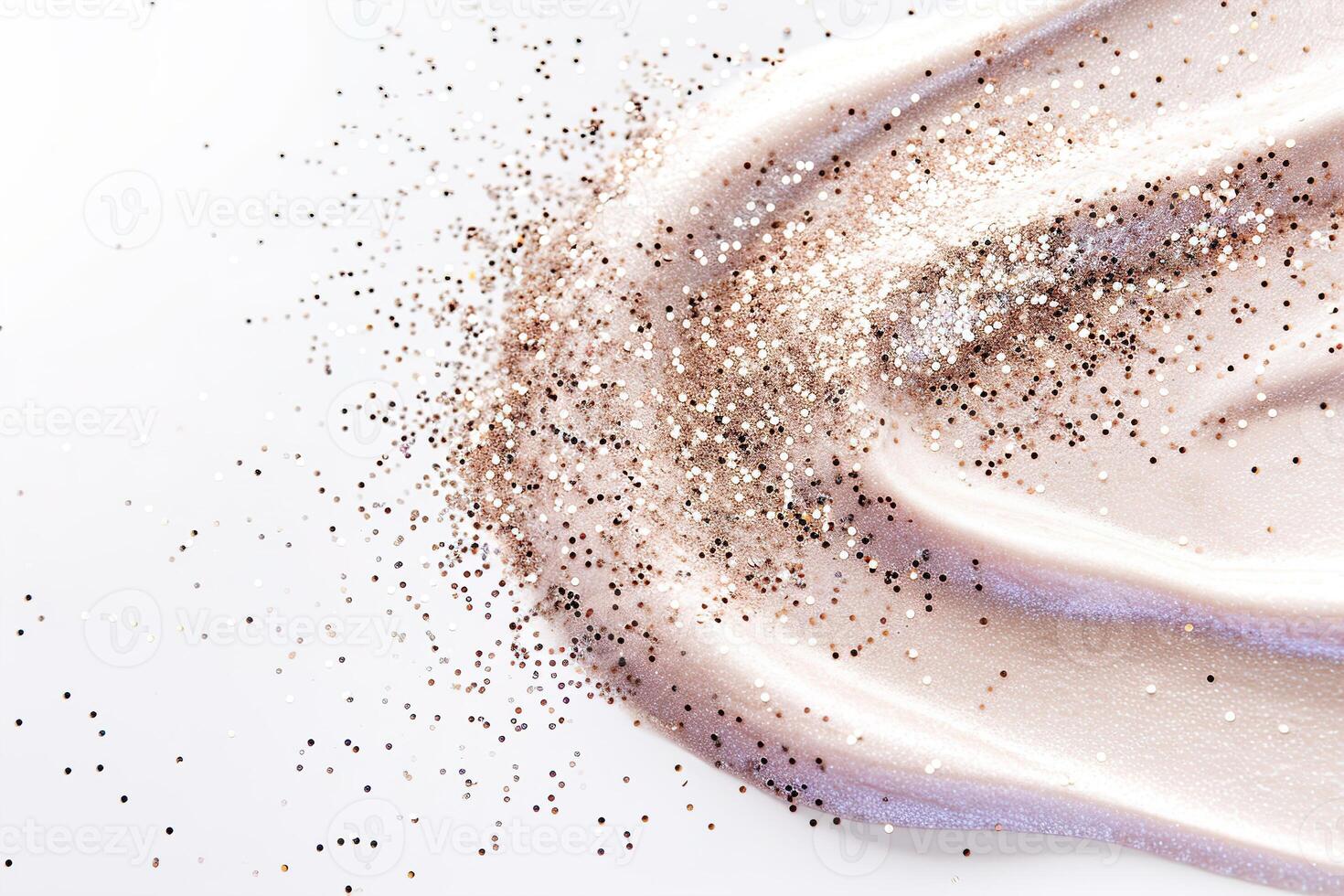 A smooth surface swirls with shimmering particles, creating a captivating dust trail. The soft texture glimmers under light, resembling a magical blend of colors and shapes photo