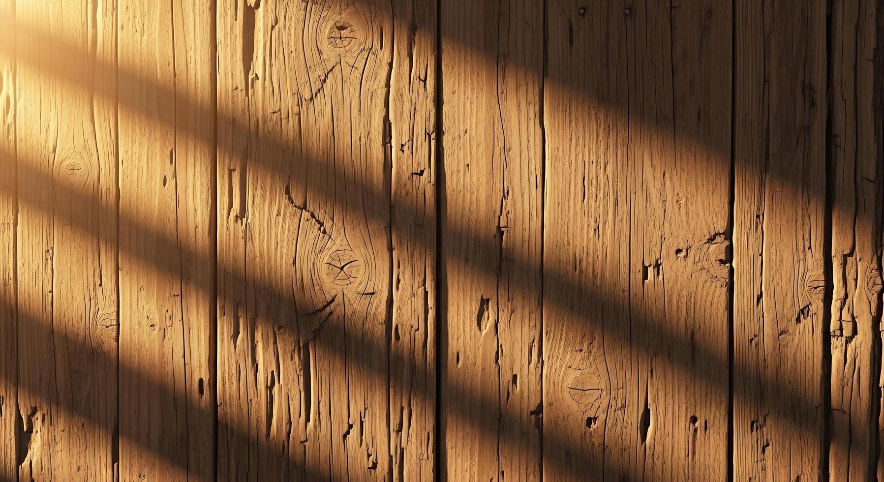 Warm sunlight dramatically illuminates a rustic wooden wall, creating striking patterns of light and shadow across textured planks, evoking natural depth and an inviting, organic atmosphere photo