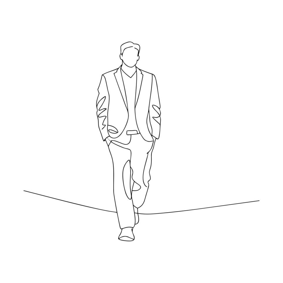 Single line drawing of a man in a suit walking forward with hands in pockets one line drawing vector