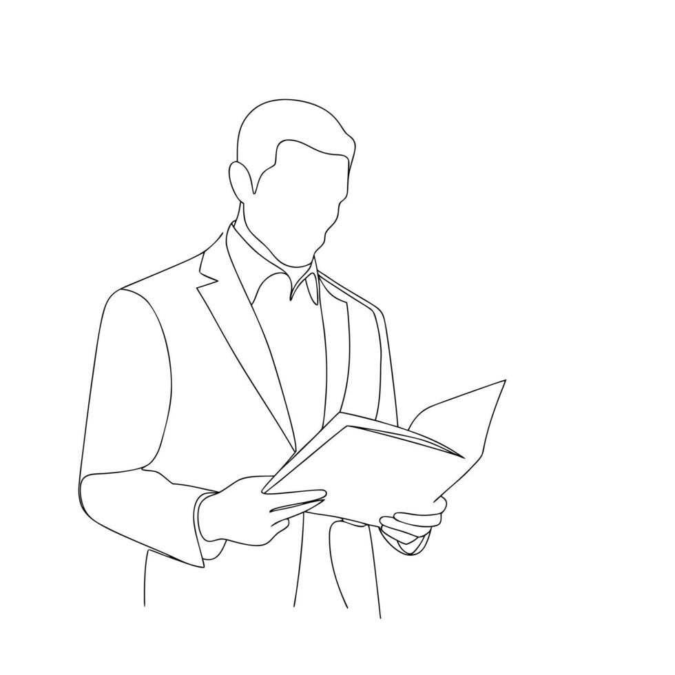 Single line drawing of a man in a suit reading a document one line drawing vector