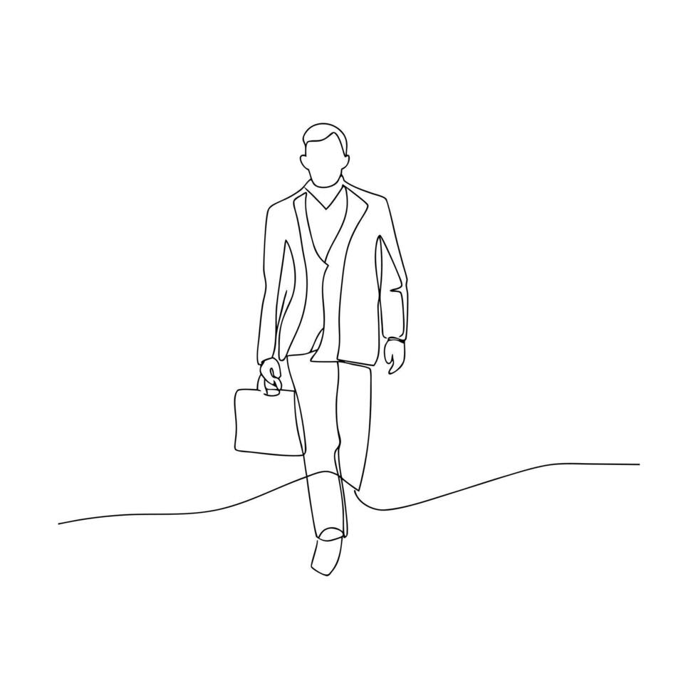 Man in suit walking with briefcase in continuous line drawing style business vector